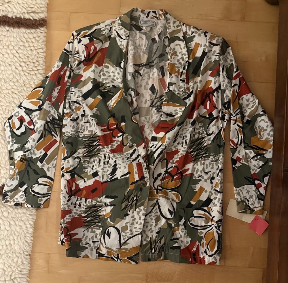 VTG GEORGE yazbek For Gordon Peters Funky White Print Blazer Jacket 90s Y2K L